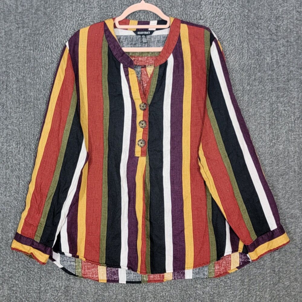 Ellen Tracy Tunic Top Womens XL Stripes 100% Linen Lagenlook V Neck Blouse Shirt